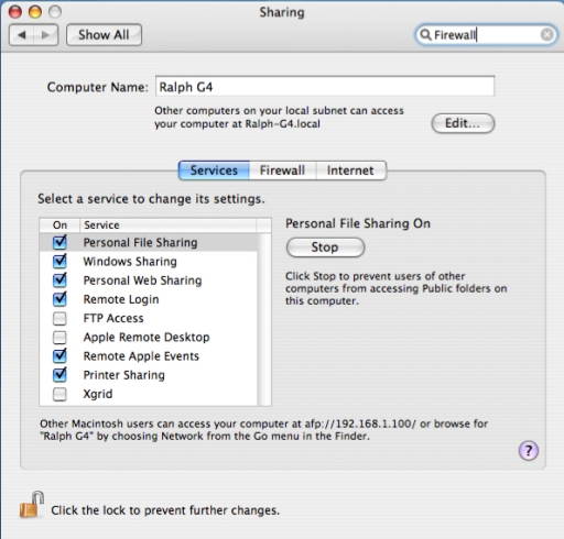 Services Tab selected in the Sharing Pane