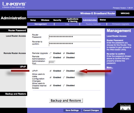 Linksys UPnP Settings