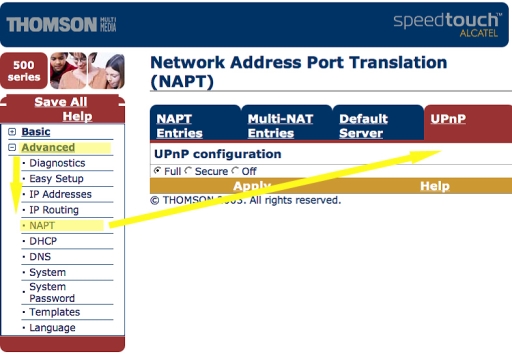 Thompson-Alcatel UPnP Settings