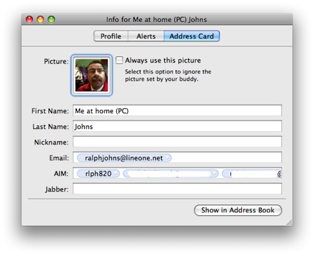 iChat 4 Address Card